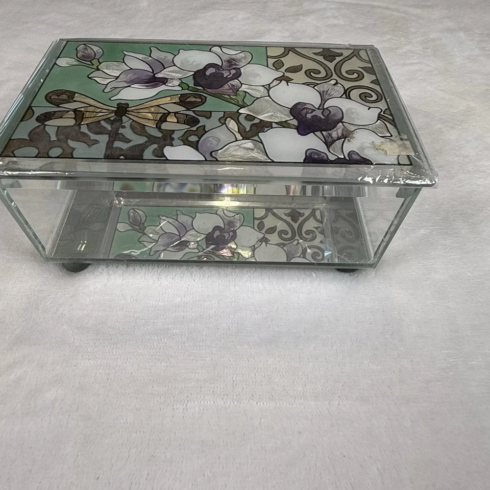 Joan Baker Designs Hand Painted Glass Trinket Box Dragonfly Orchid Floral